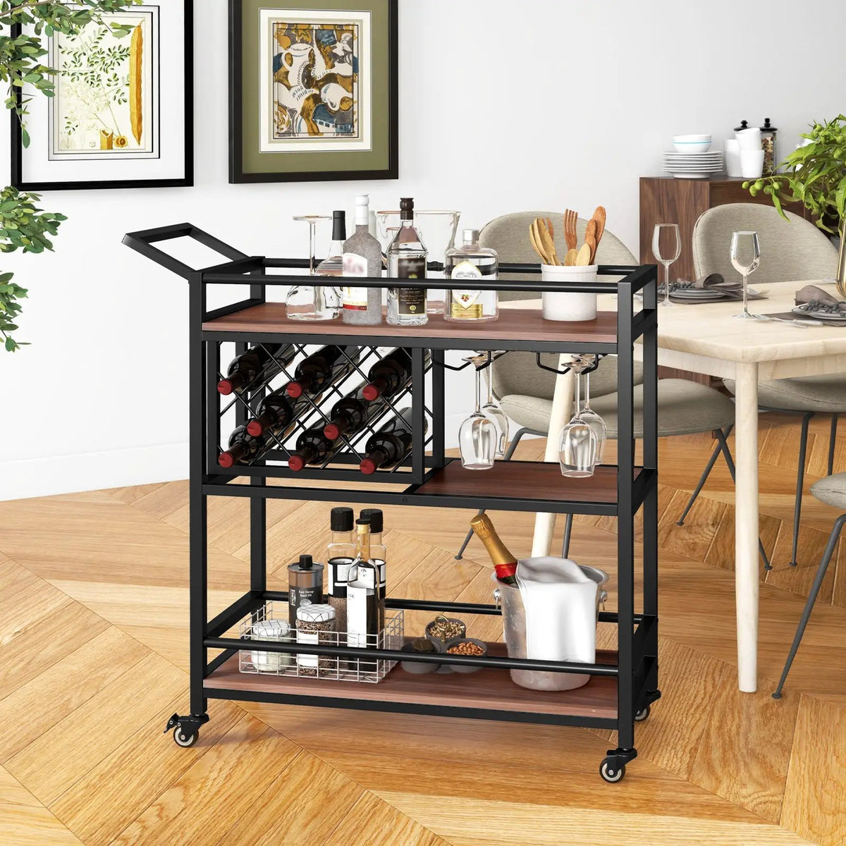 3-tier Bar Cart on Wheels Home Kitchen Serving Cart with Wine Rack and Glasses Holder by DirectDeals