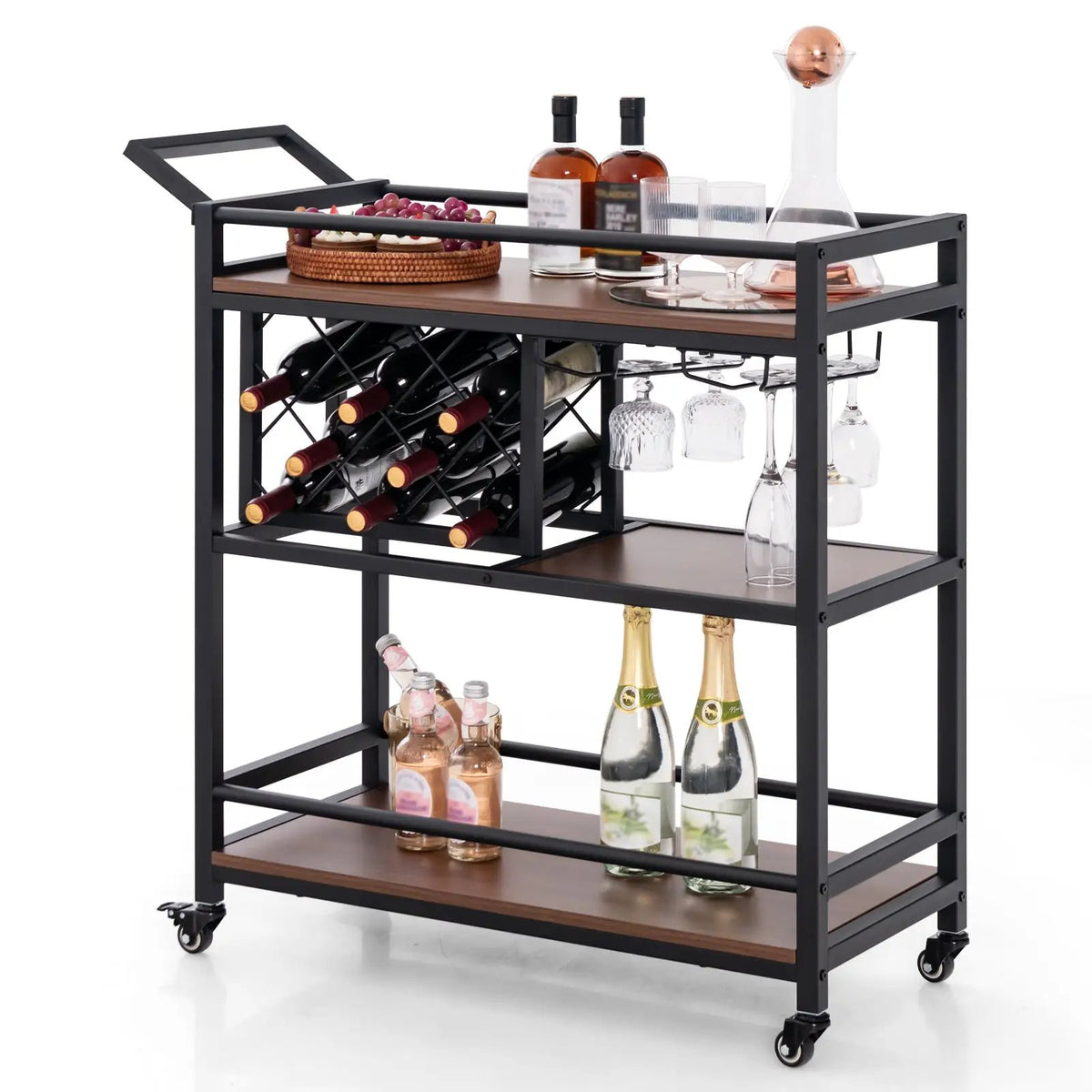 3-tier Bar Cart on Wheels Home Kitchen Serving Cart with Wine Rack and Glasses Holder by DirectDeals
