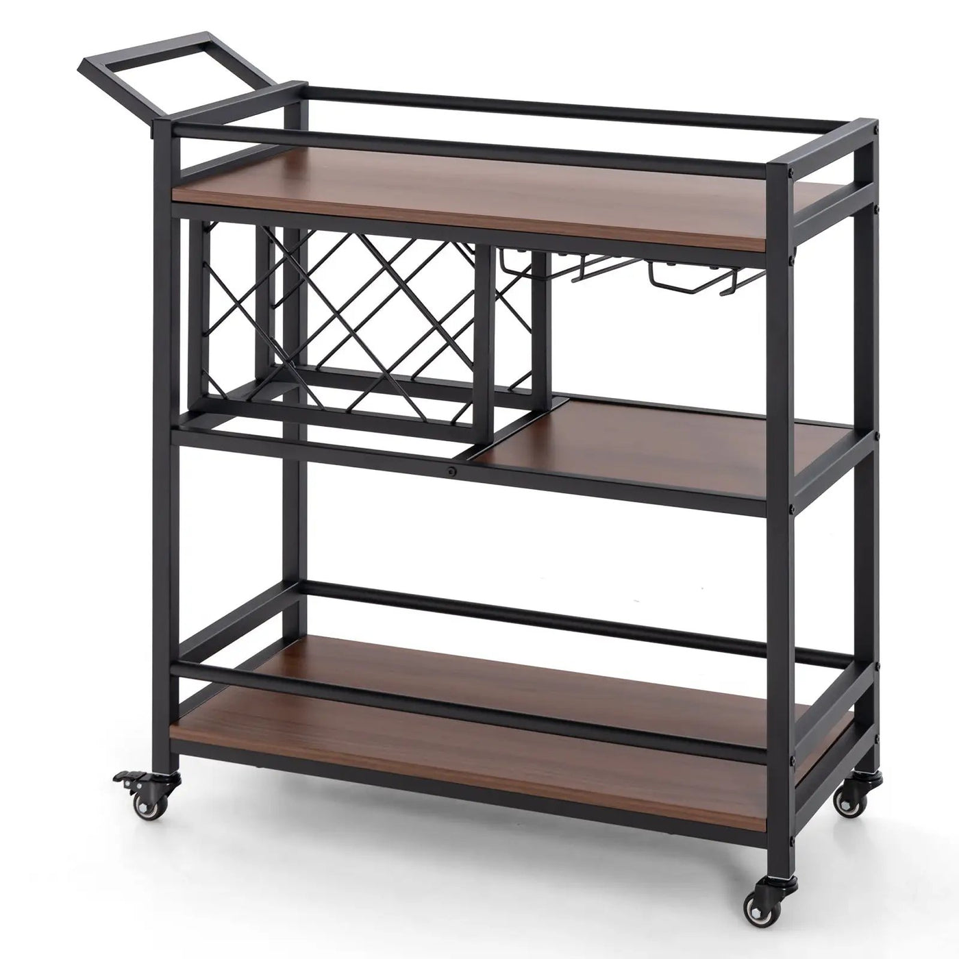 3-tier Bar Cart on Wheels Home Kitchen Serving Cart with Wine Rack and Glasses Holder by DirectDeals
