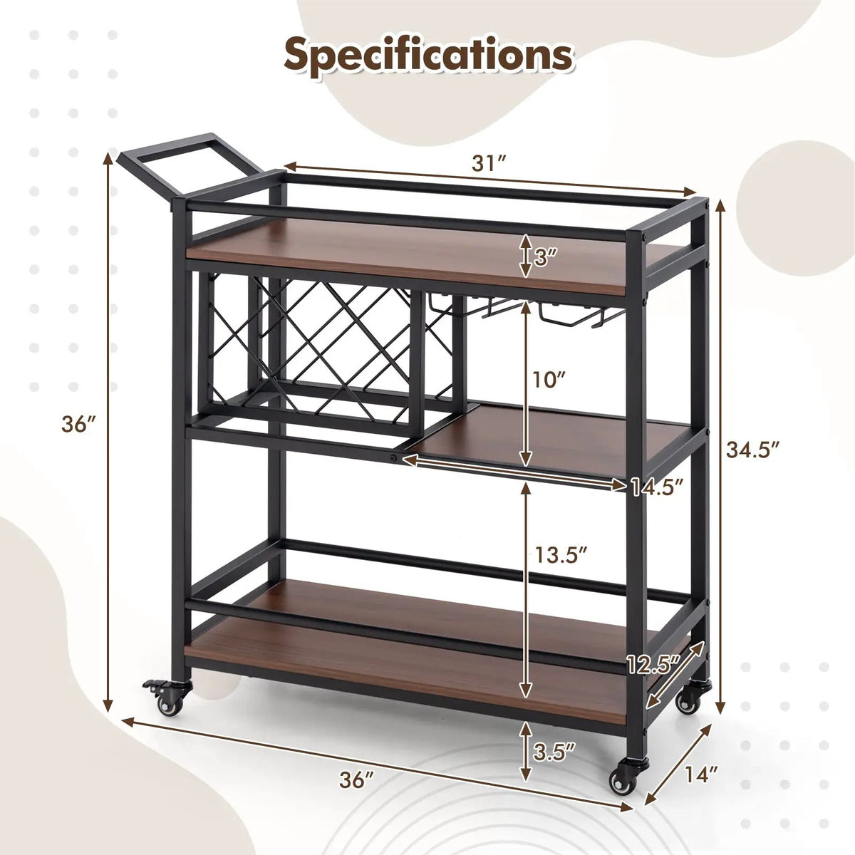 3-tier Bar Cart on Wheels Home Kitchen Serving Cart with Wine Rack and Glasses Holder by DirectDeals