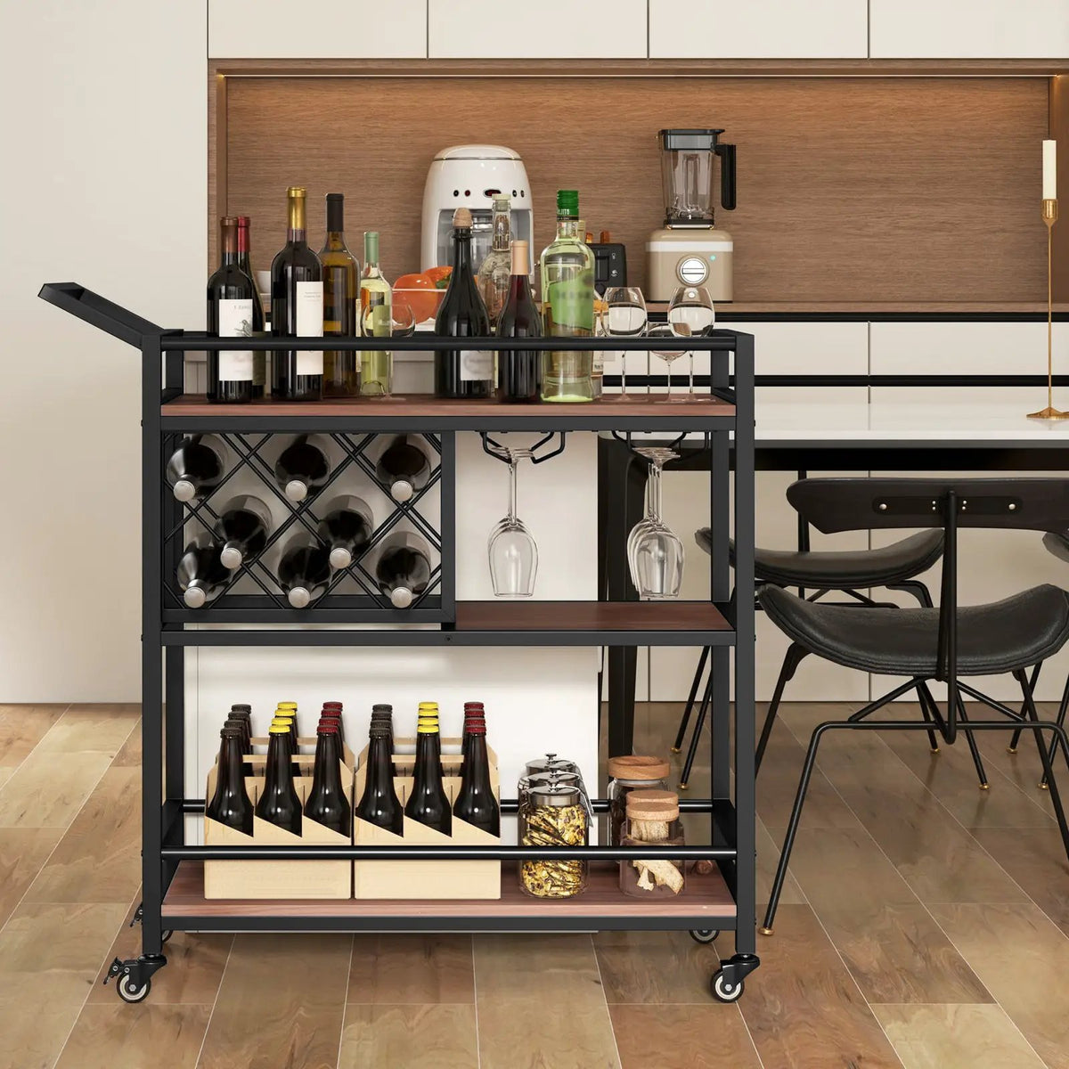 3-tier Bar Cart on Wheels Home Kitchen Serving Cart with Wine Rack and Glasses Holder by DirectDeals