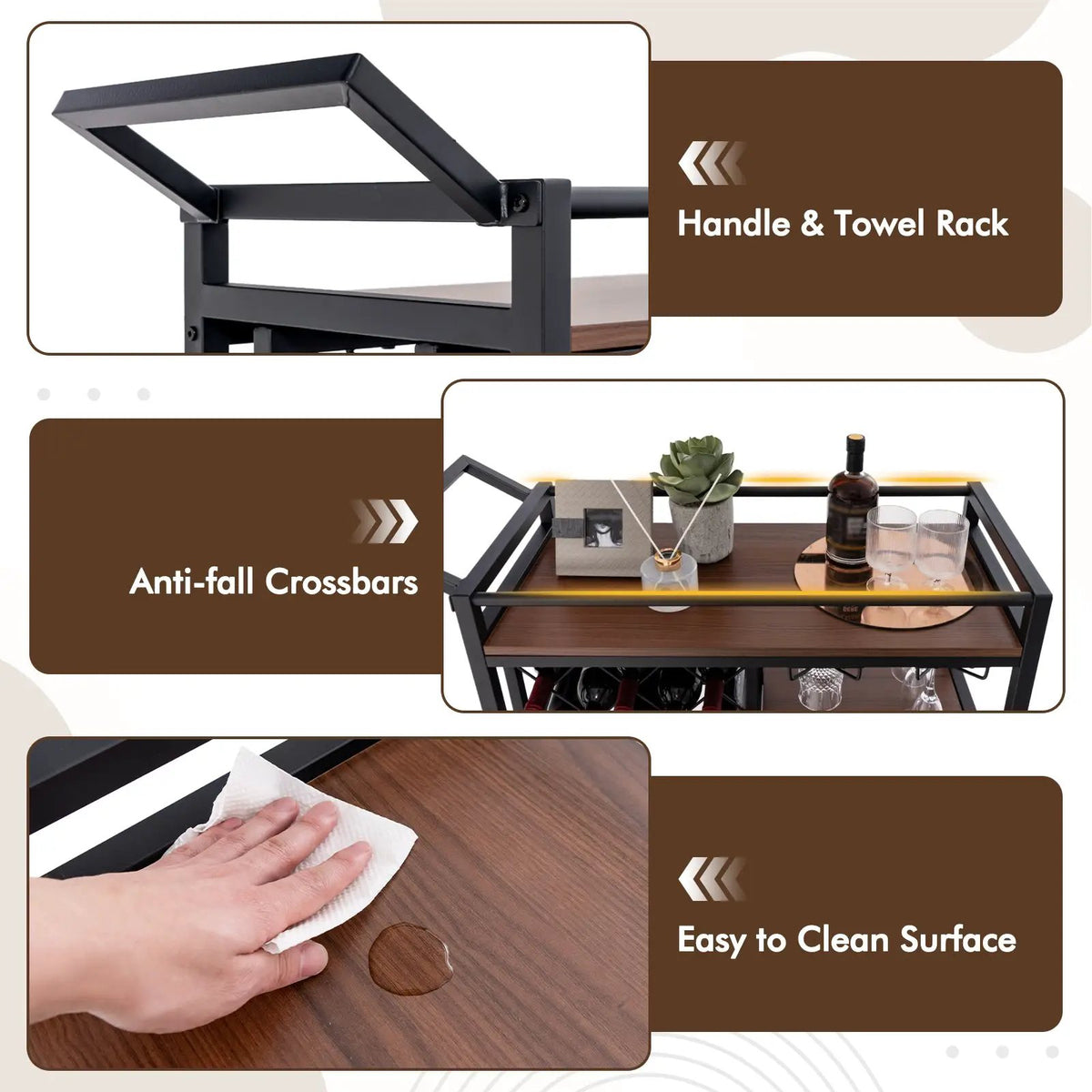 3-tier Bar Cart on Wheels Home Kitchen Serving Cart with Wine Rack and Glasses Holder by DirectDeals