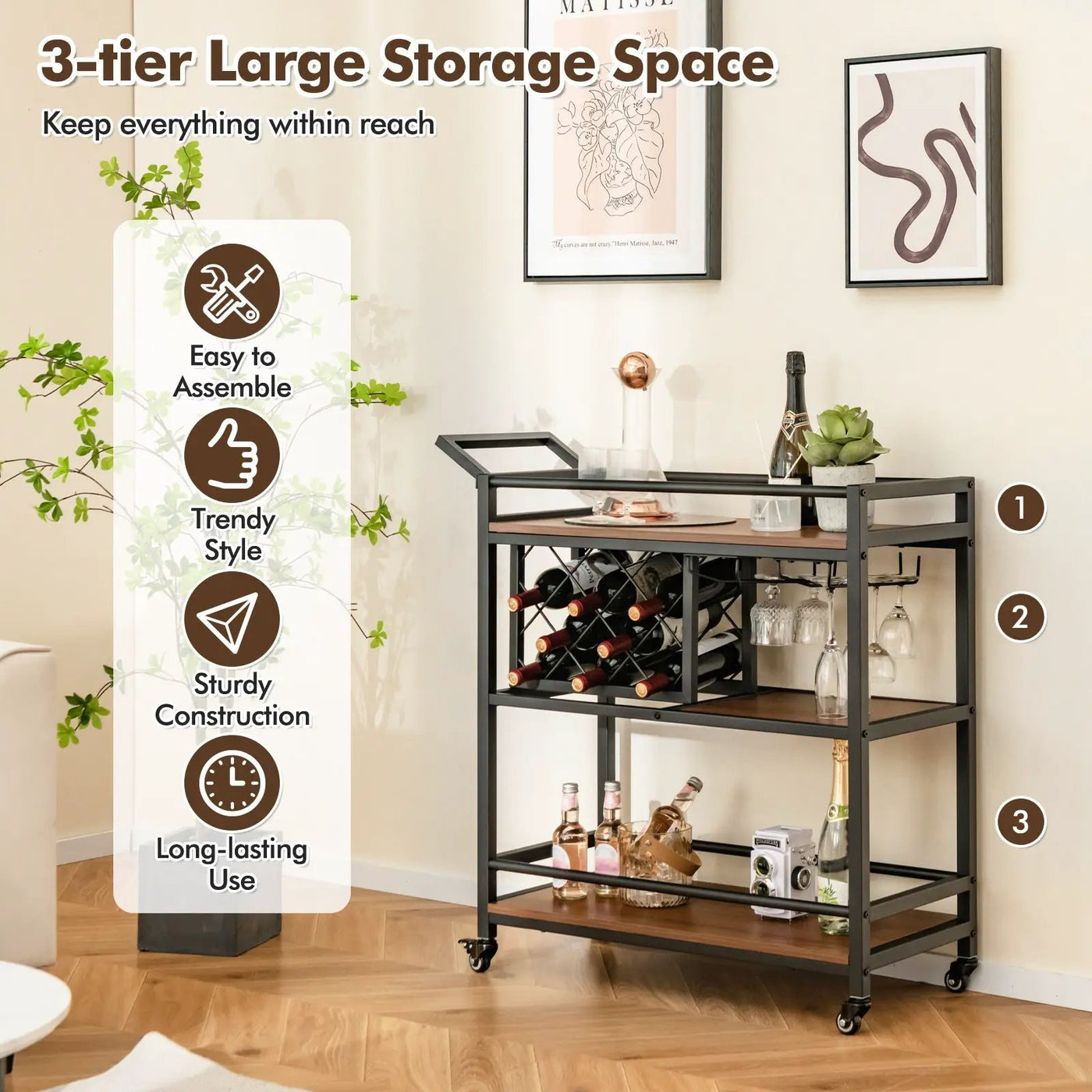 3-tier Bar Cart on Wheels Home Kitchen Serving Cart with Wine Rack and Glasses Holder by DirectDeals