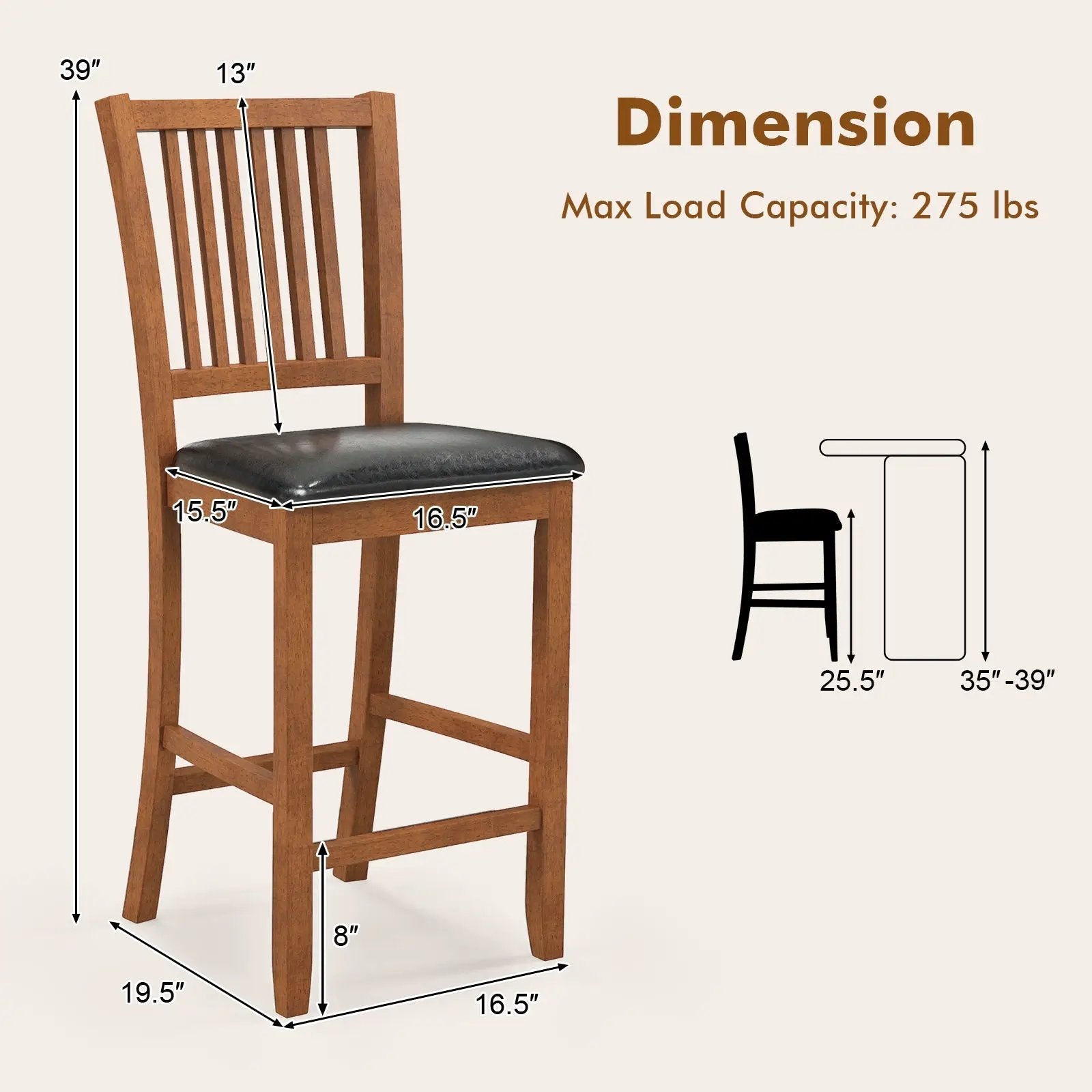 2-Piece Bar Chair Set Counter Height Bar Stool with Backrest-Walnut by DirectDeals