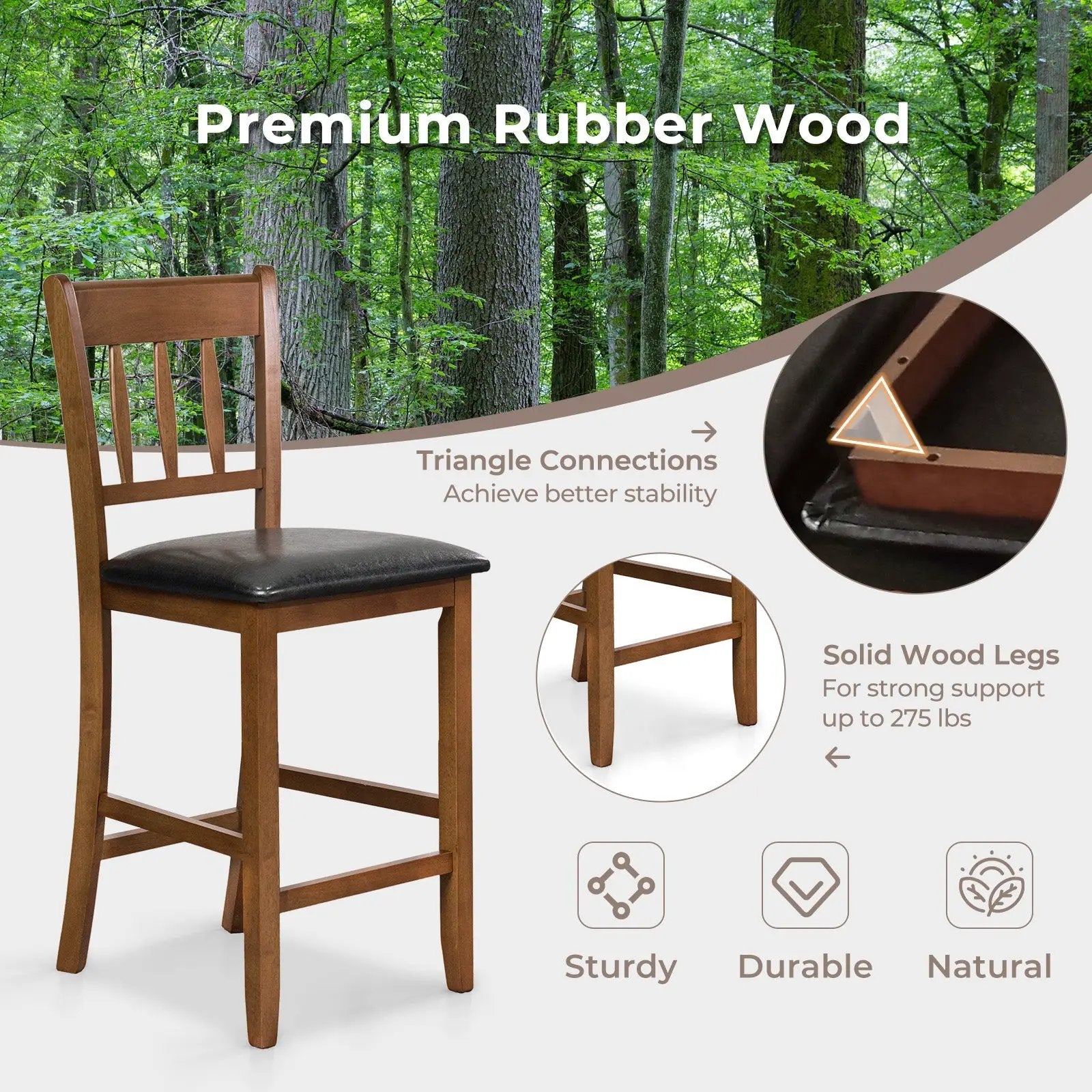 25.5 Inch Counter Height Bar Chair Set of 2 with Backrest Padded Seat-Walnut by DirectDeals