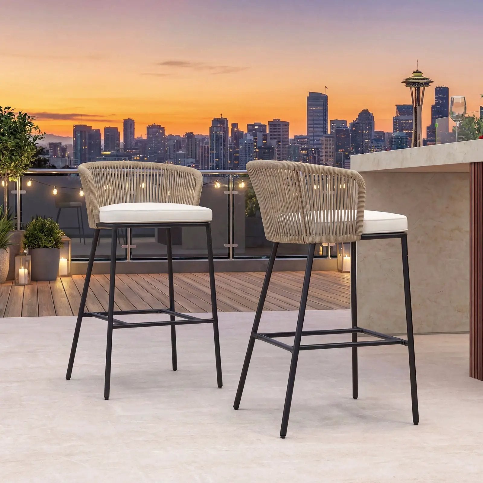 Bar Height Woven Rope Patio Chairs Set of 2-White by DirectDeals