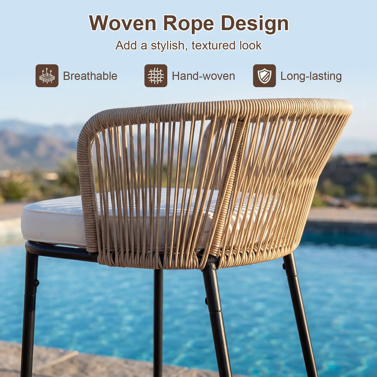 Bar Height Woven Rope Patio Chairs Set of 2-White by DirectDeals