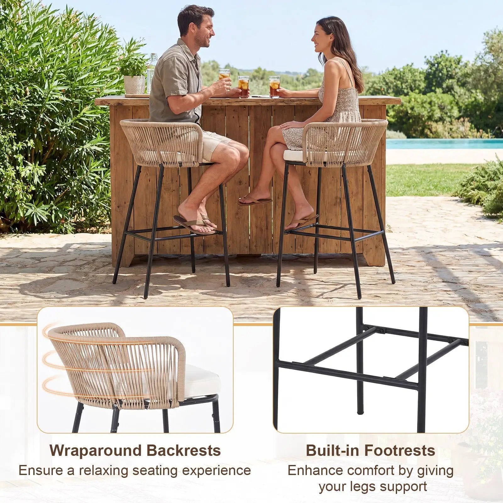 Bar Height Woven Rope Patio Chairs Set of 2-White by DirectDeals