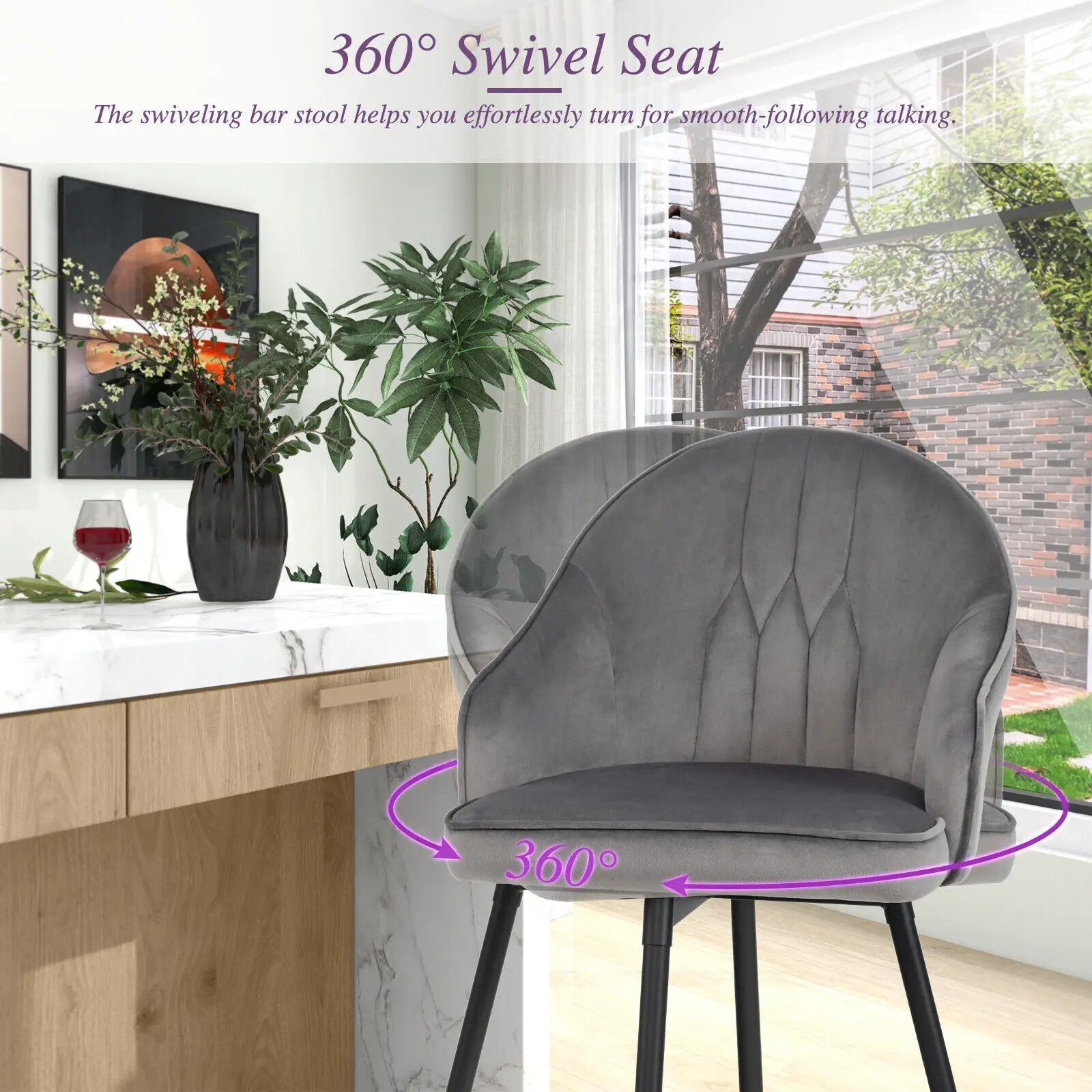 2 Pieces 29.5 Inch Pub Height Swivel Velvet Bar Stools with Metal Legs-Gray by DirectDeals