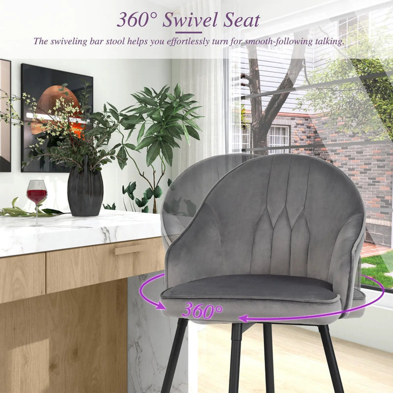2 Pieces 29.5 Inch Pub Height Swivel Velvet Bar Stools with Metal Legs-Gray by DirectDeals