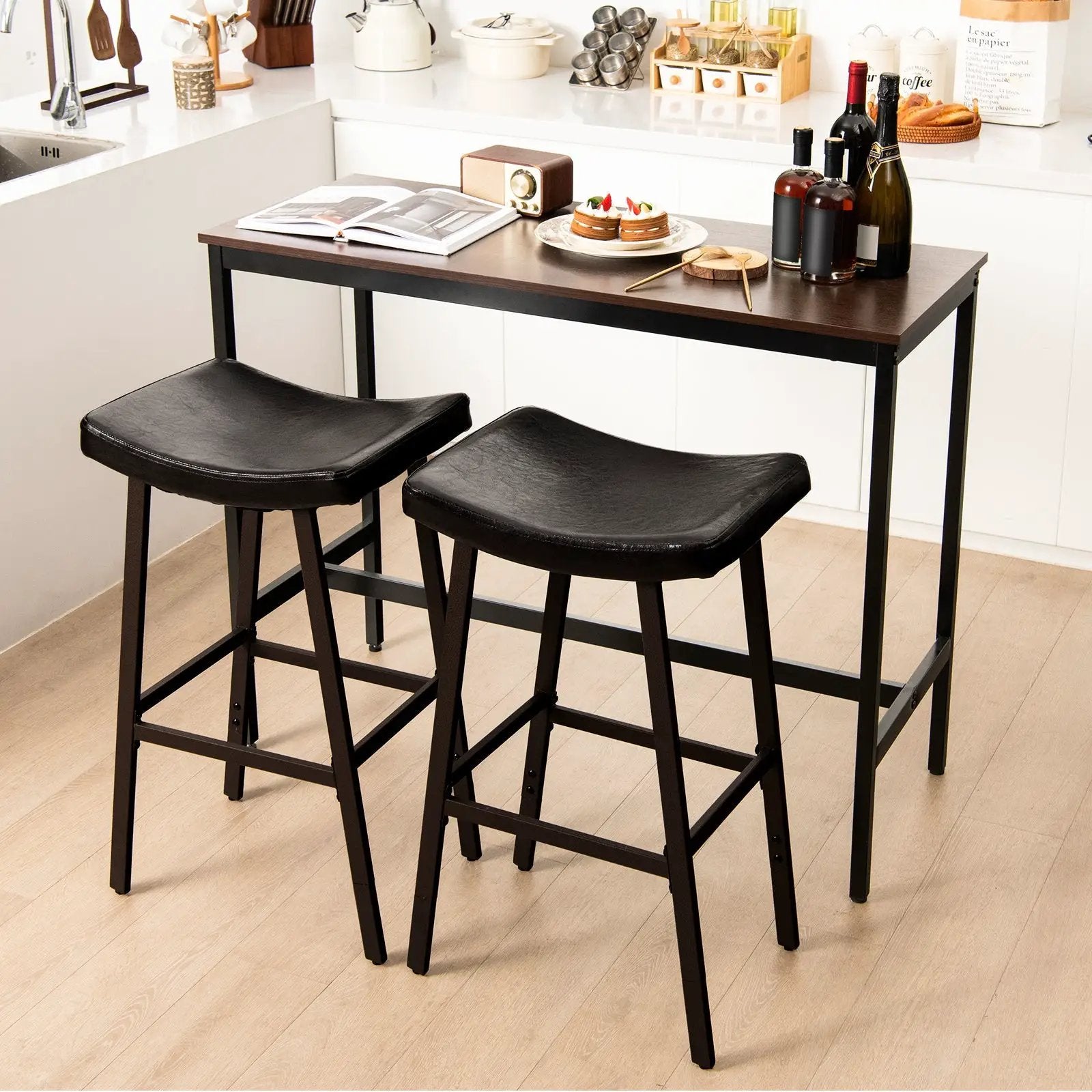 Bar Stools Set of 2 with PU Leather Upholstered Saddle Seat and Footrest-Brown by DirectDeals