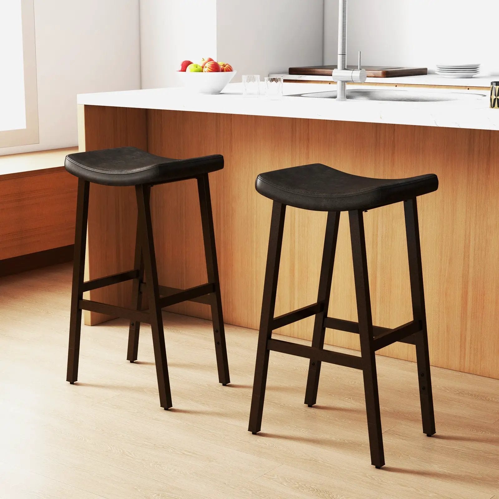 Bar Stools Set of 2 with PU Leather Upholstered Saddle Seat and Footrest-Brown by DirectDeals