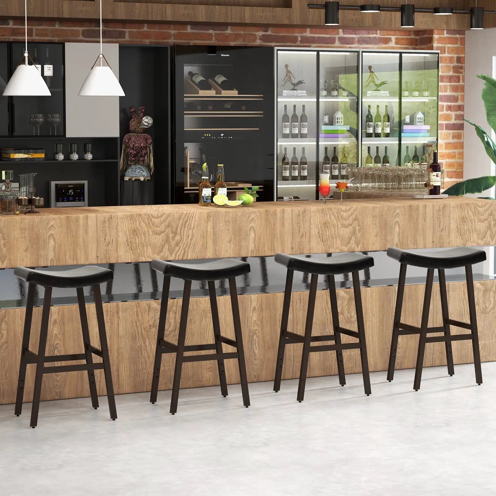 Bar Stools Set of 2 with PU Leather Upholstered Saddle Seat and Footrest-Brown by DirectDeals