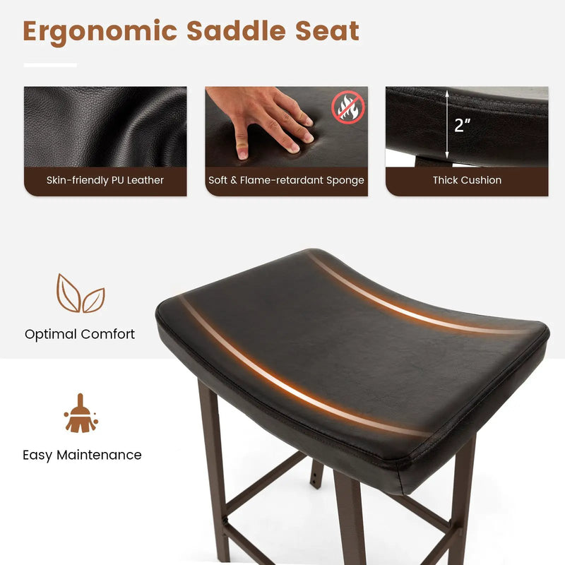 Bar Stools Set of 2 with PU Leather Upholstered Saddle Seat and Footrest-Brown by DirectDeals