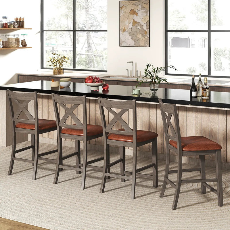 Bar Stools Set of 2 with Cross Back and Faux Leather Upholstered Seat-Gray by DirectDeals