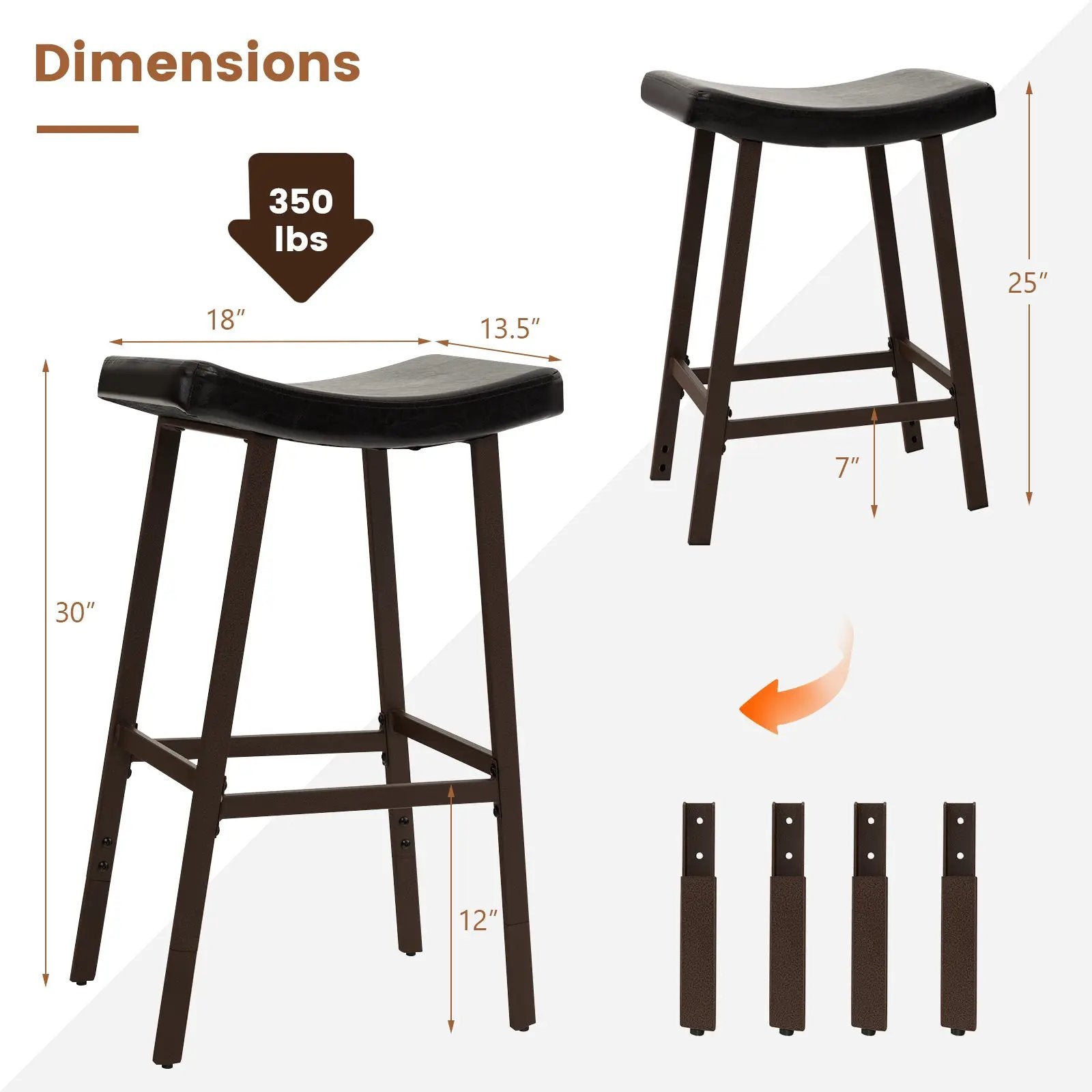 Bar Stools Set of 2 with PU Leather Upholstered Saddle Seat and Footrest-Brown by DirectDeals