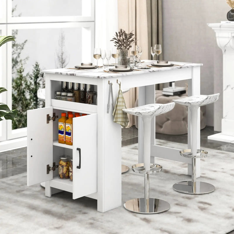 Bar Table Faux Marble Pub Table with 7 Hanging Hooks Compartment-White by DirectDeals