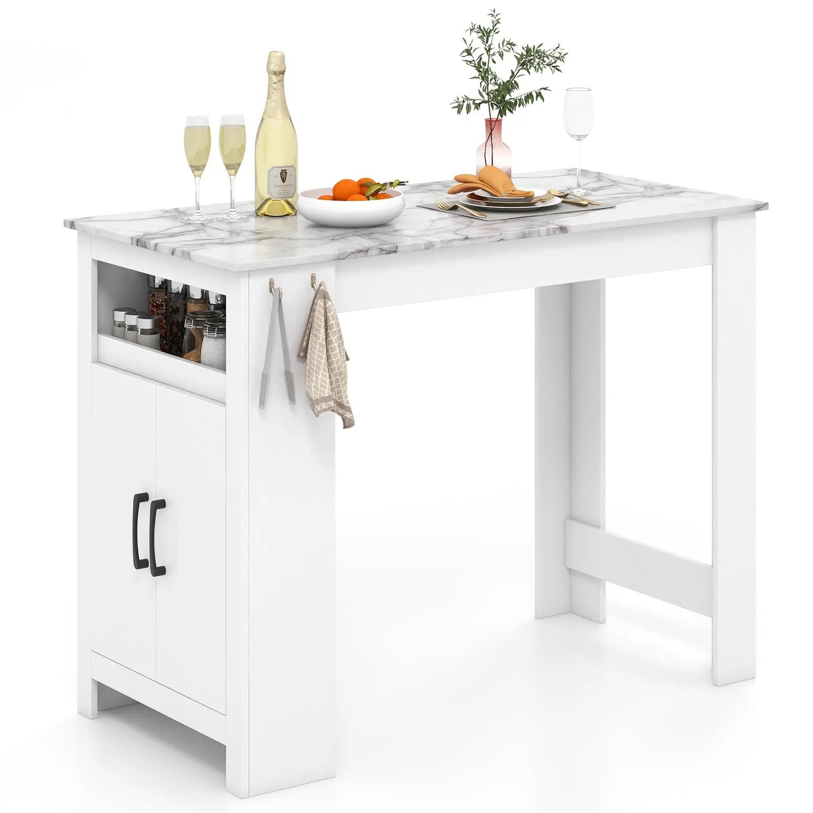 Bar Table Faux Marble Pub Table with 7 Hanging Hooks Compartment-White by DirectDeals