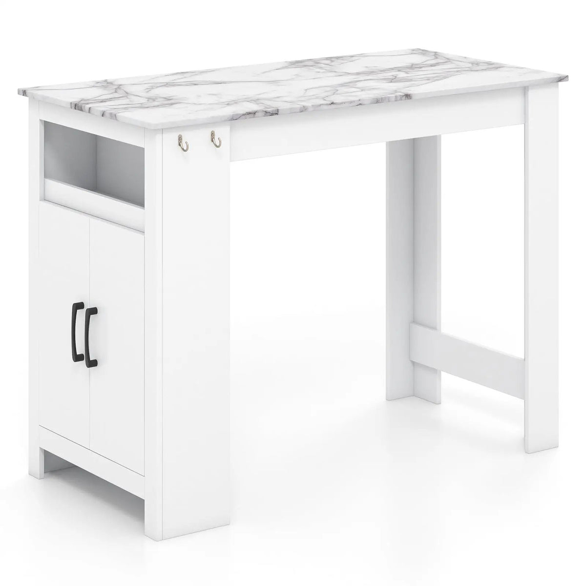 Bar Table Faux Marble Pub Table with 7 Hanging Hooks Compartment-White by DirectDeals