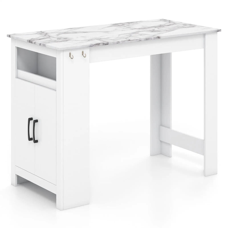 Bar Table Faux Marble Pub Table with 7 Hanging Hooks Compartment-White by DirectDeals