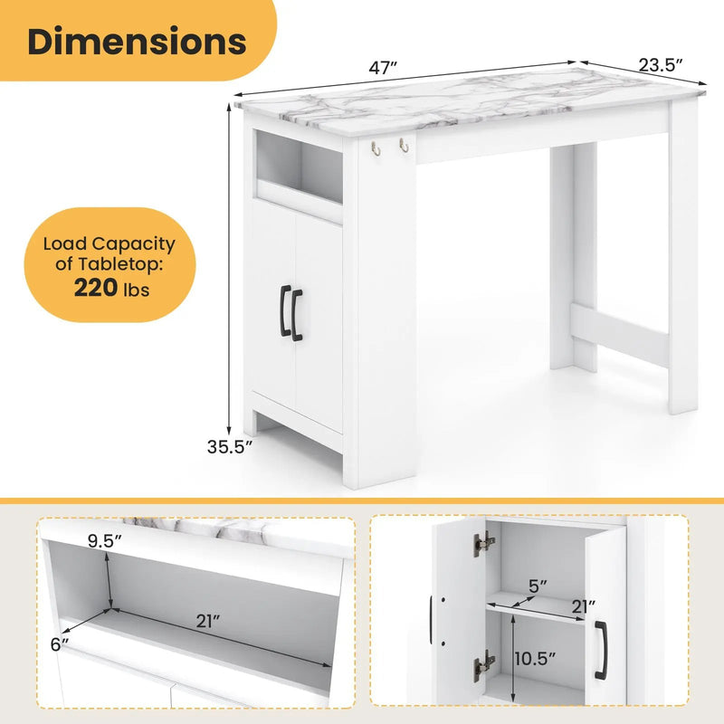 Bar Table Faux Marble Pub Table with 7 Hanging Hooks Compartment-White by DirectDeals