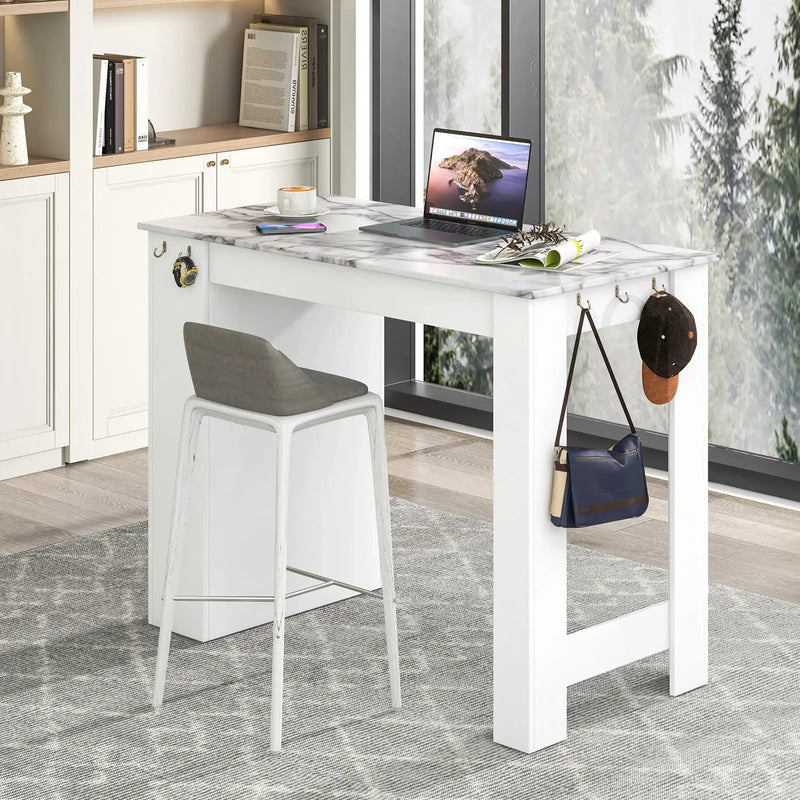 Bar Table Faux Marble Pub Table with 7 Hanging Hooks Compartment-White by DirectDeals