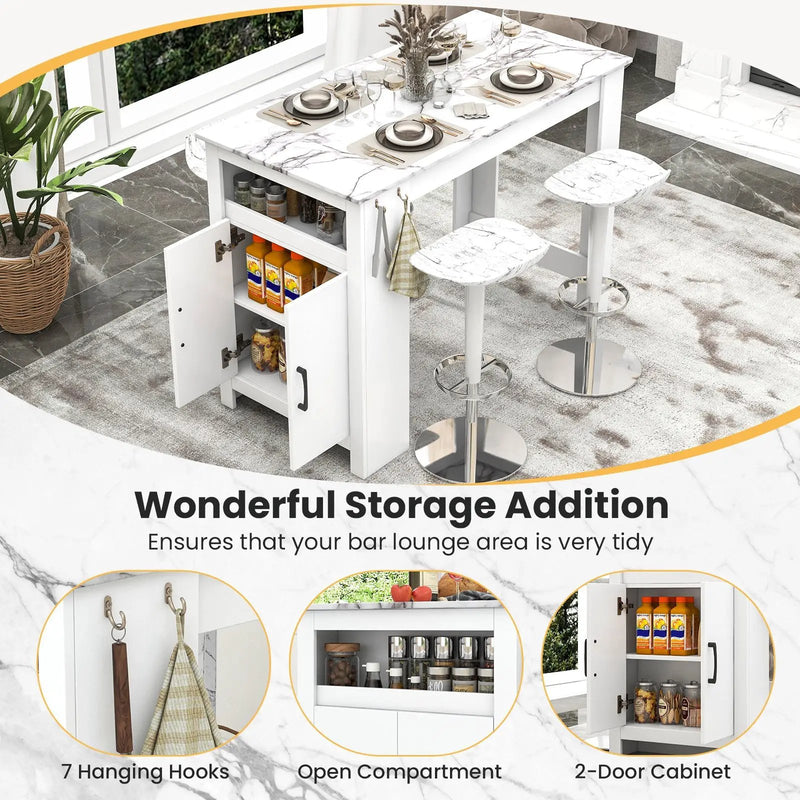 Bar Table Faux Marble Pub Table with 7 Hanging Hooks Compartment-White by DirectDeals