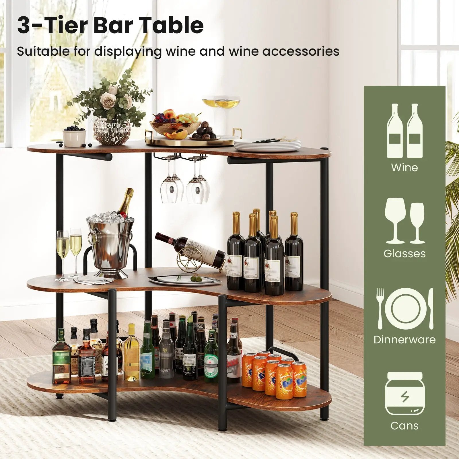 3-Tier Liquor Bar Table with Stemware Racks and Storage Shelves by DirectDeals