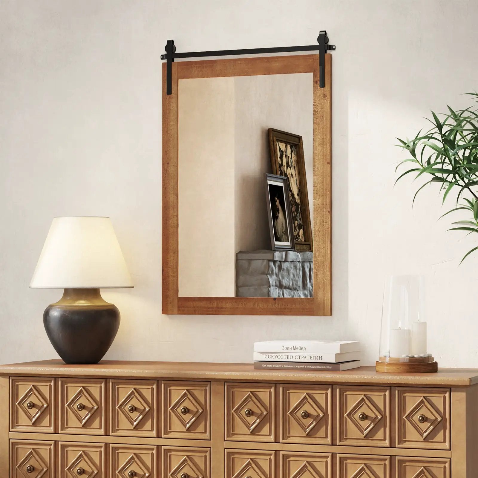 Rustic Wood Frame Barn Door Style Farmhouse Wall Mirror by DirectDeals