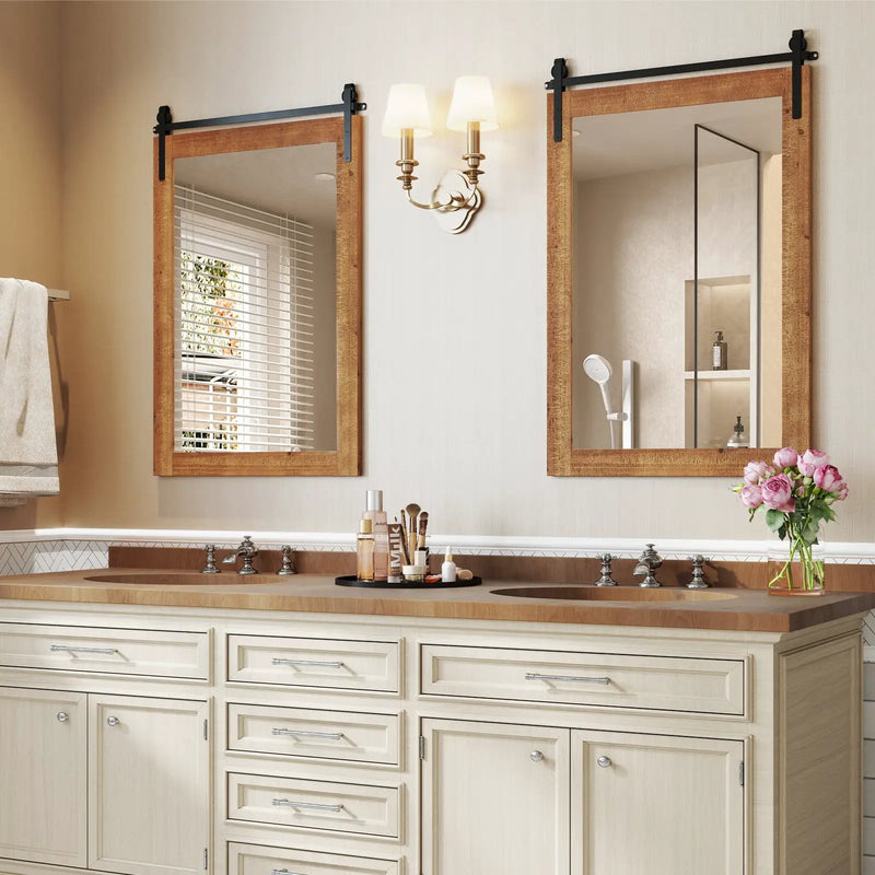 Rustic Wood Frame Barn Door Style Farmhouse Wall Mirror by DirectDeals
