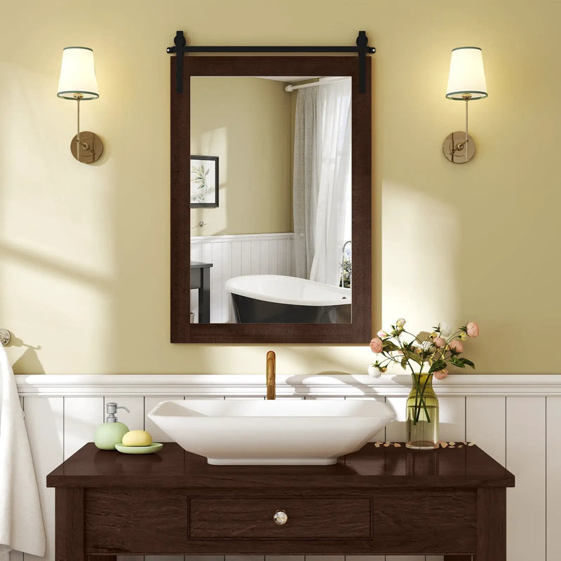 Rustic Wood Frame Barn Door Style Farmhouse Wall Mirror by DirectDeals