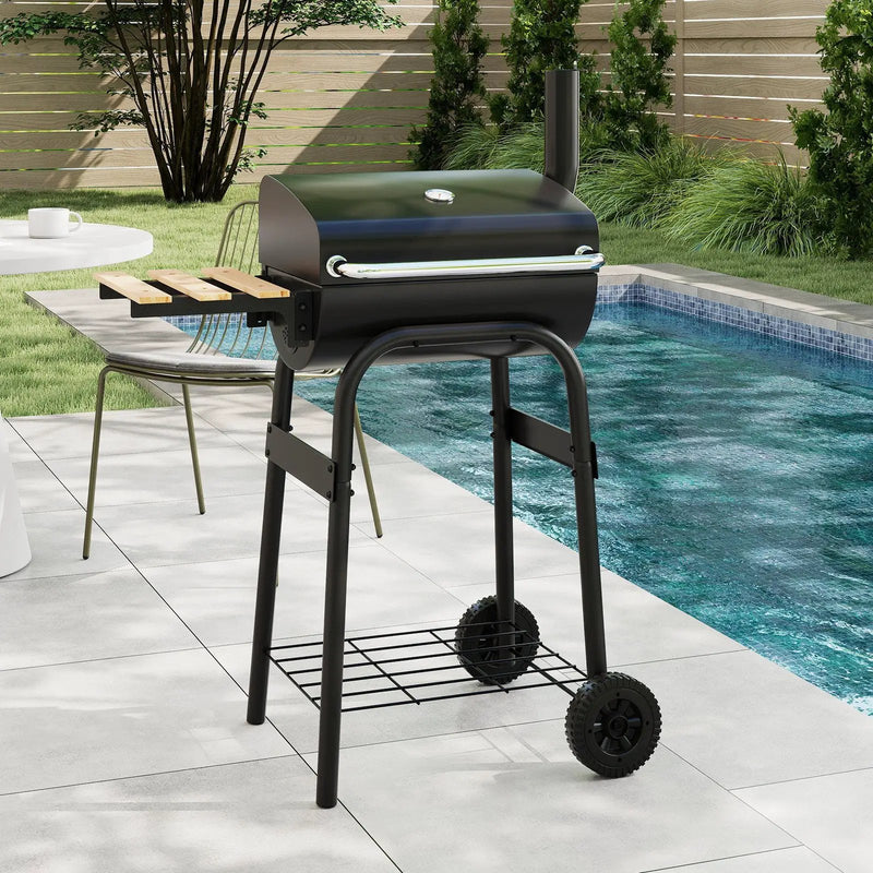 Barrel Charcoal Grill with Foldable Side Table and Thermostat-Black by DirectDeals