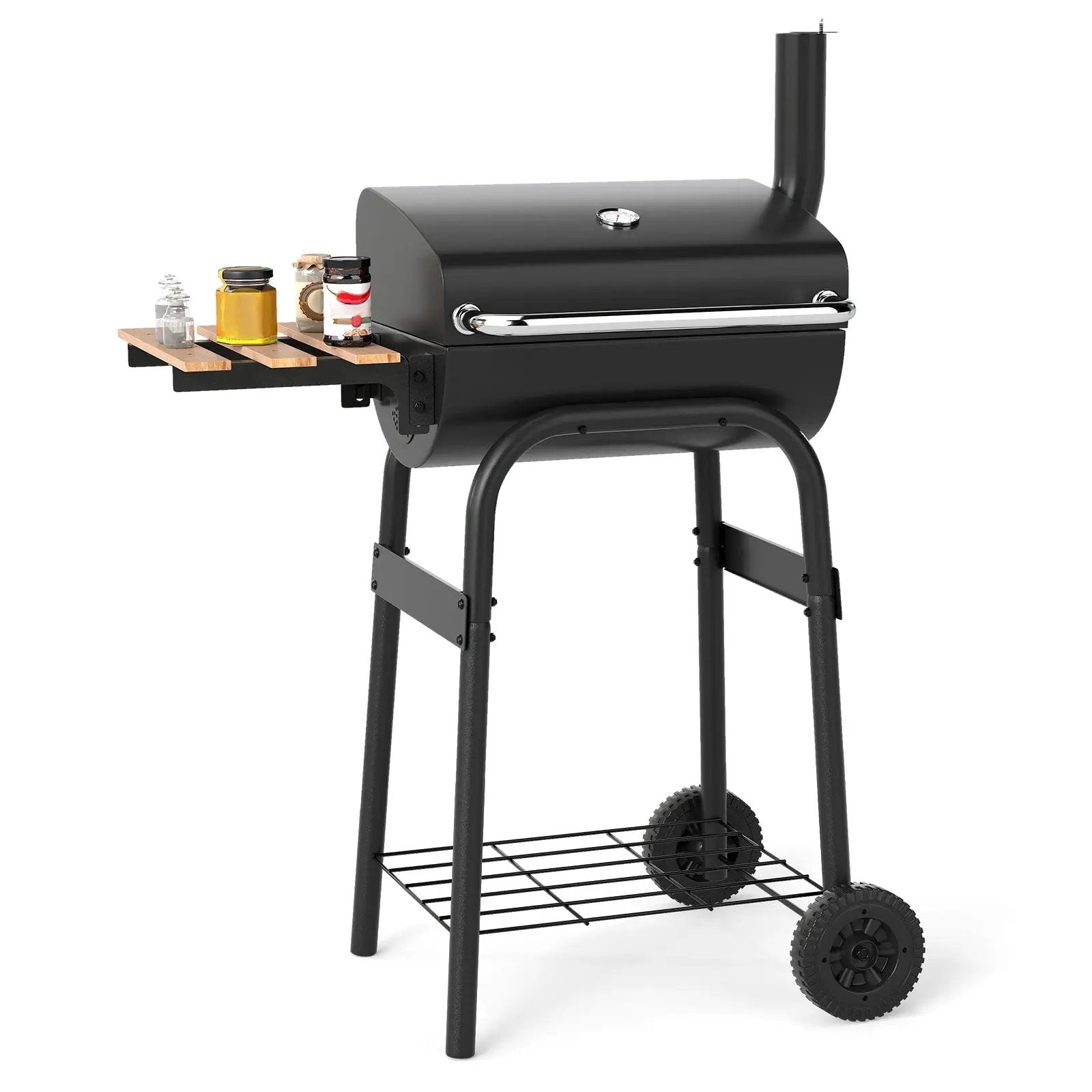 Barrel Charcoal Grill with Foldable Side Table and Thermostat-Black by DirectDeals