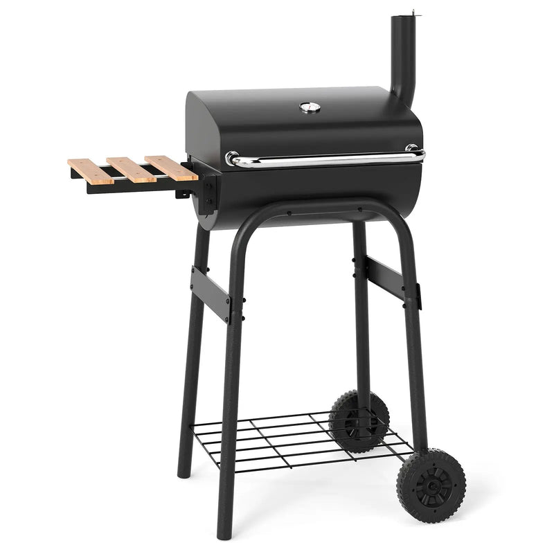 Barrel Charcoal Grill with Foldable Side Table and Thermostat-Black by DirectDeals