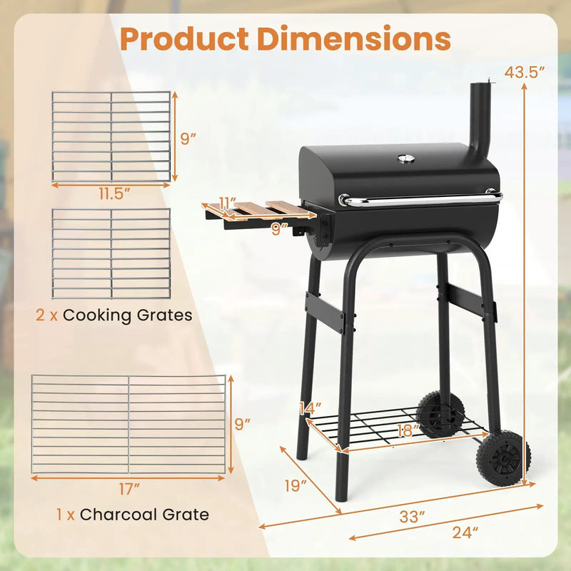 Barrel Charcoal Grill with Foldable Side Table and Thermostat-Black by DirectDeals