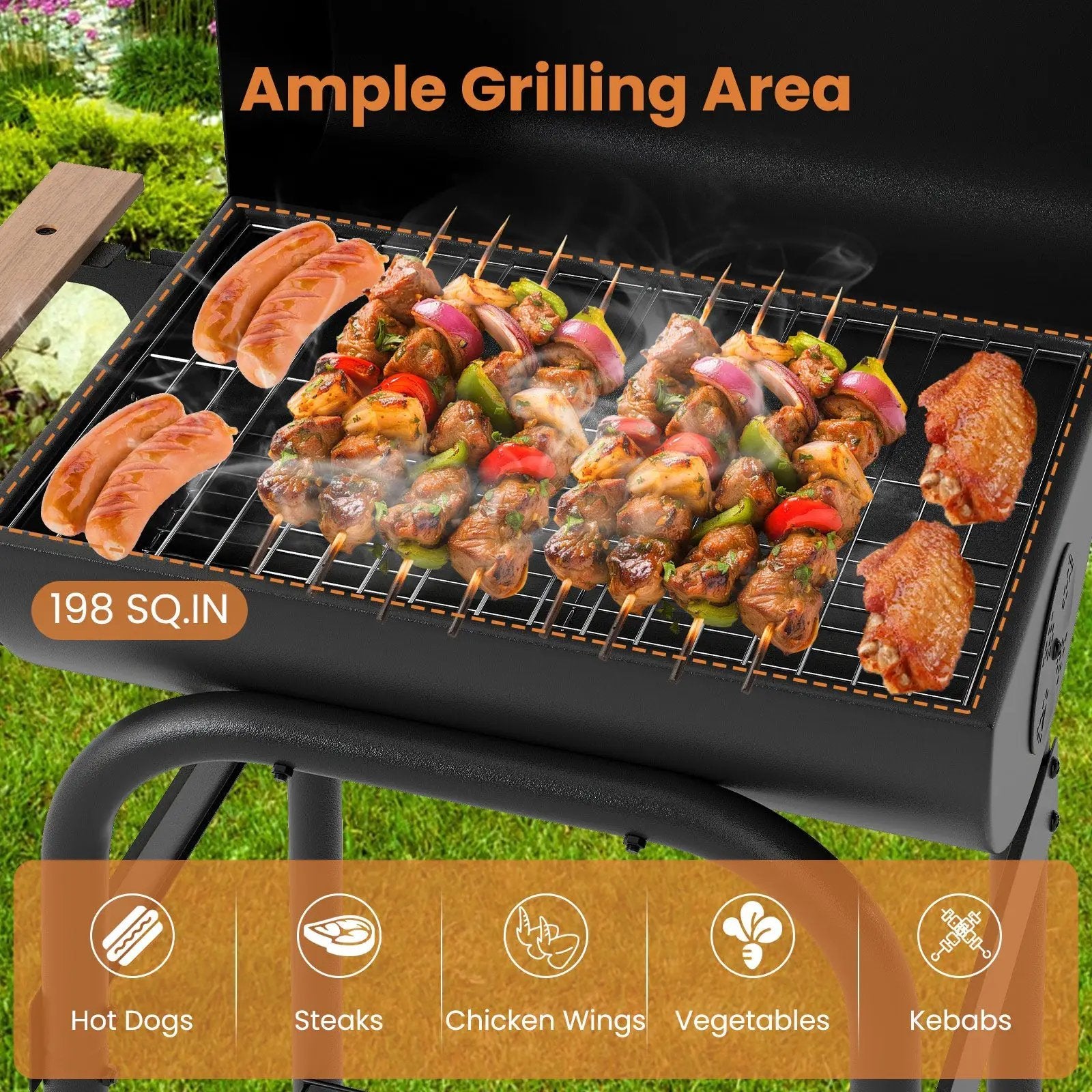 Barrel Charcoal Grill with Foldable Side Table and Thermostat-Black by DirectDeals