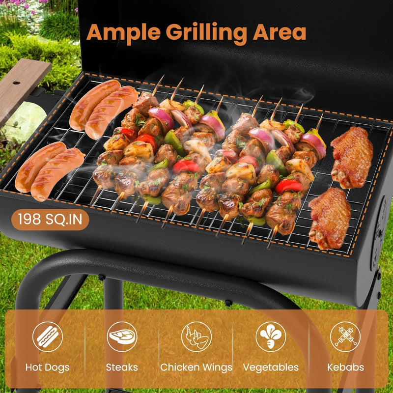 Barrel Charcoal Grill with Foldable Side Table and Thermostat-Black by DirectDeals