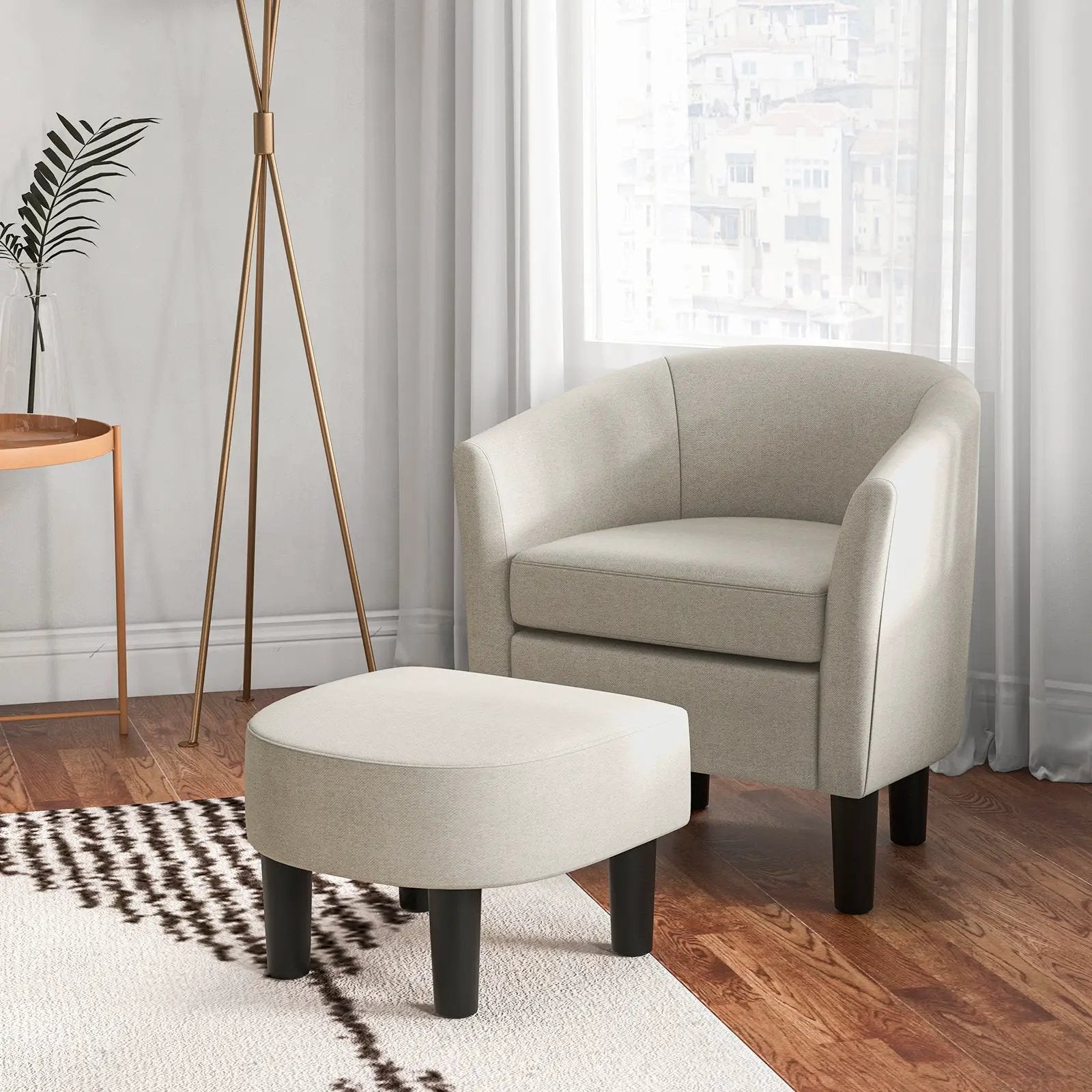 Barrel Club Chair with Ottoman Set Linen Fabric Accent Chair with Footrest by DirectDeals
