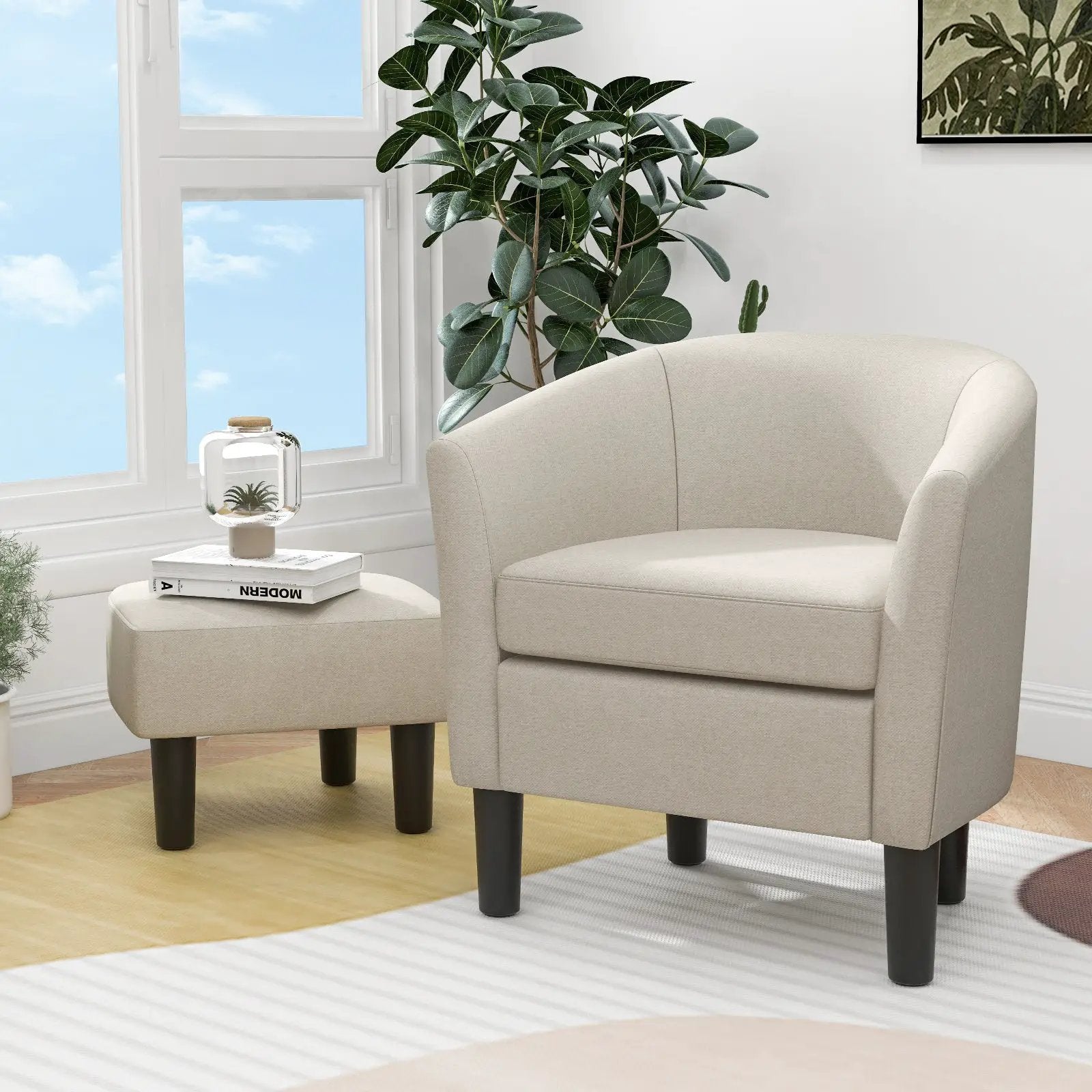 Barrel Club Chair with Ottoman Set Linen Fabric Accent Chair with Footrest by DirectDeals