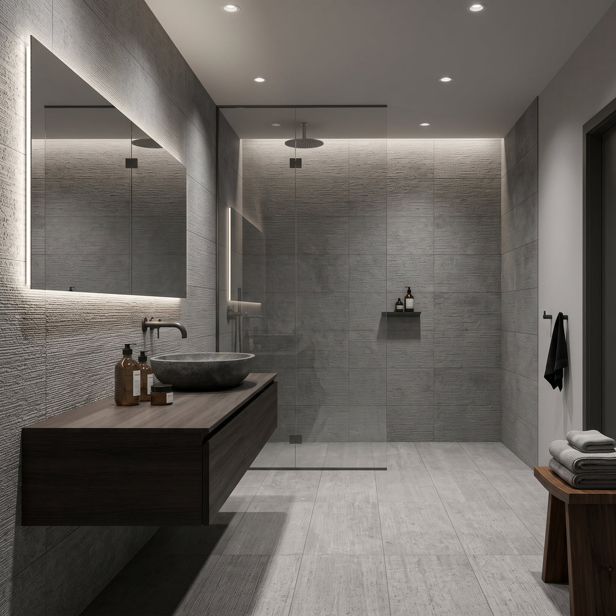 Modern bathroom interior with a floating dark wood vanity, vessel sink, large backlit mirror, and a glass-enclosed shower area with gray stone-look tile walls and floor.
