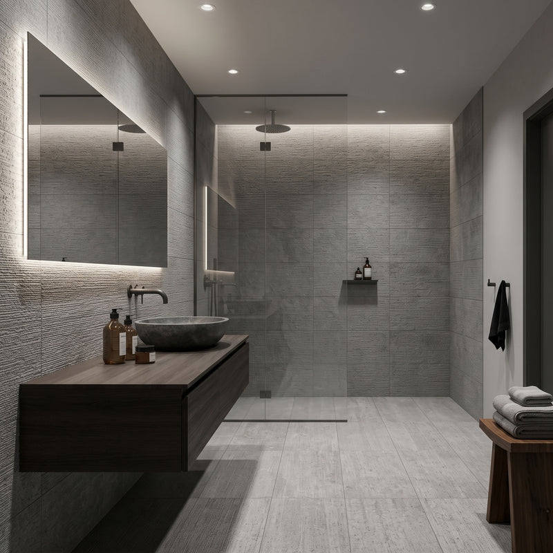Modern bathroom interior with a floating dark wood vanity, vessel sink, large backlit mirror, and a glass-enclosed shower area with gray stone-look tile walls and floor.