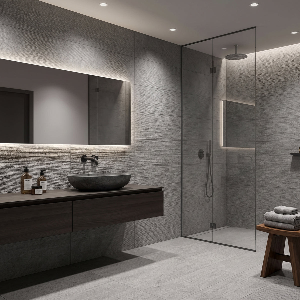Modern bathroom interior with a floating dark wood vanity, vessel sink, large mirror, glass shower enclosure, gray stone tile walls and floor, and a small wooden stool with folded towels.