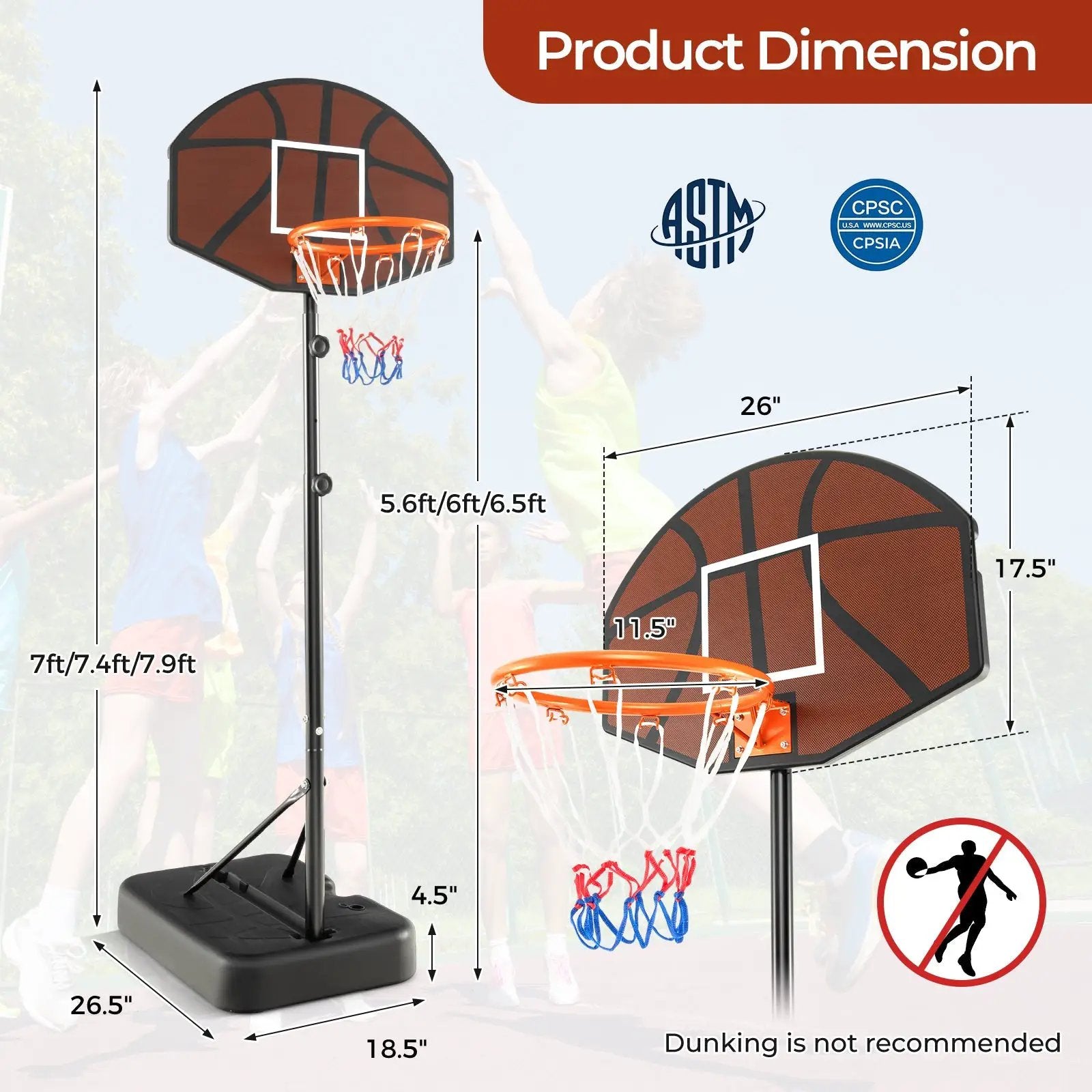 Basketball Hoop 5.6-6.5 FT Height Adjustable for Kids with Shatterproof Backboard by DirectDeals