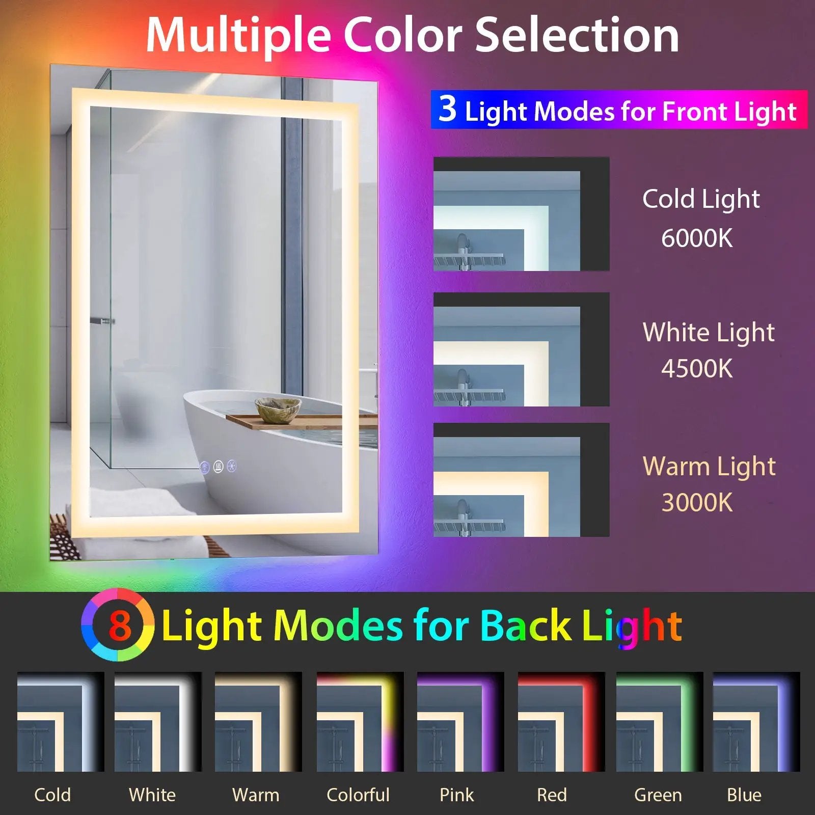 32 Inch x 24 Inch Bathroom Anti-Fog Wall Mirror with Colorful Light by DirectDeals
