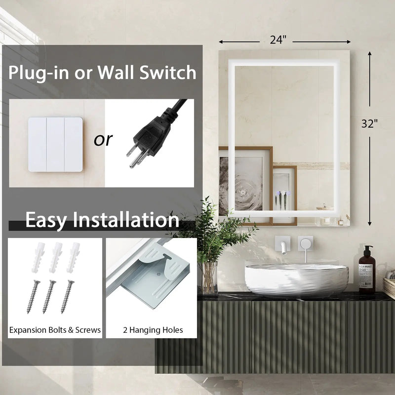 32 Inch x 24 Inch Bathroom Anti-Fog Wall Mirror with Colorful Light by DirectDeals