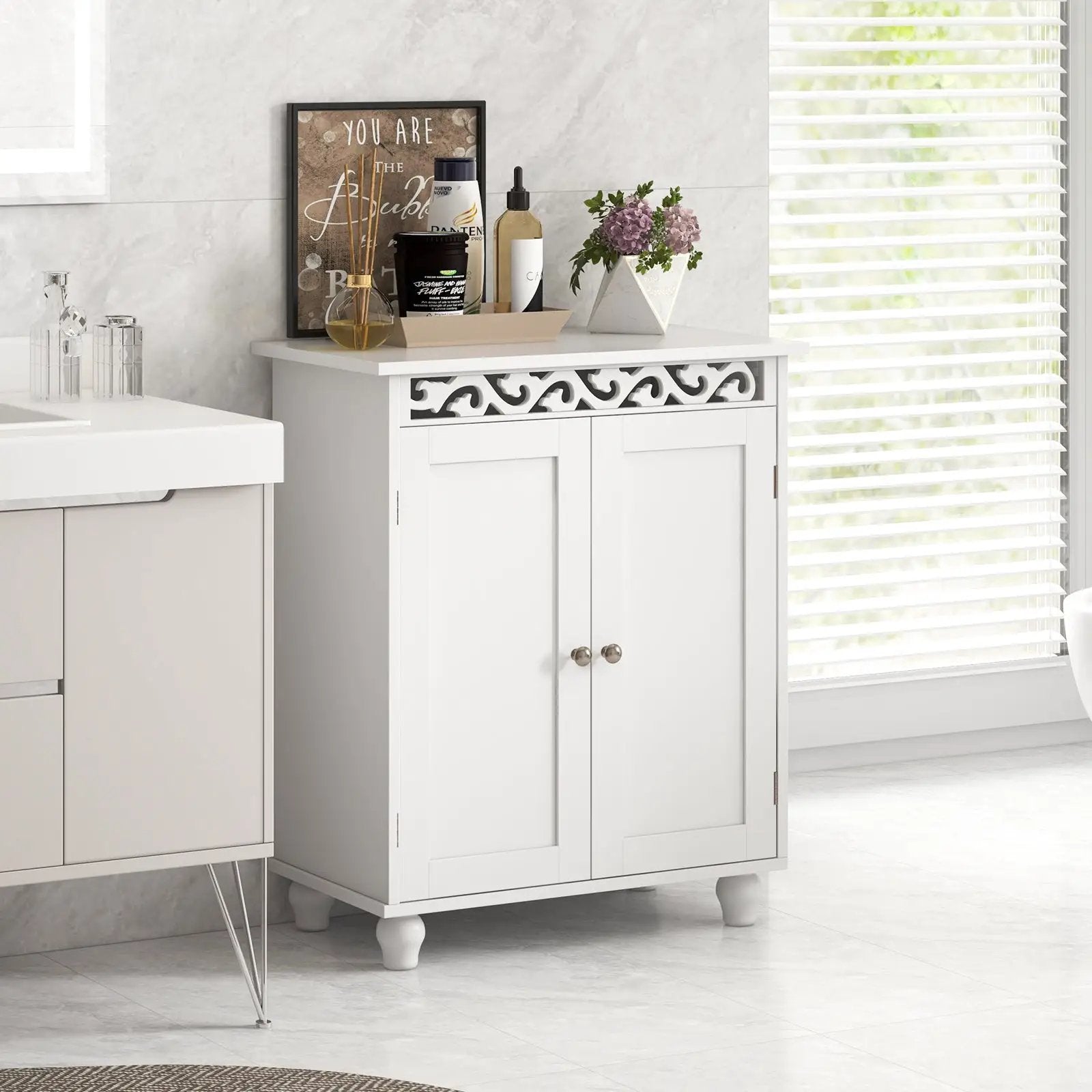 Freestanding Bathroom Cabinet Floor Storage Organizer with Adjustable Shelf and Solid Wood Legs-White by DirectDeals