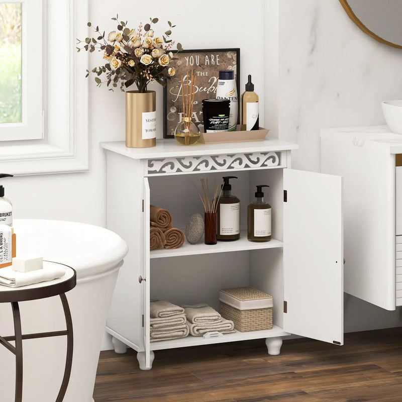 Freestanding Bathroom Cabinet Floor Storage Organizer with Adjustable Shelf and Solid Wood Legs-White by DirectDeals