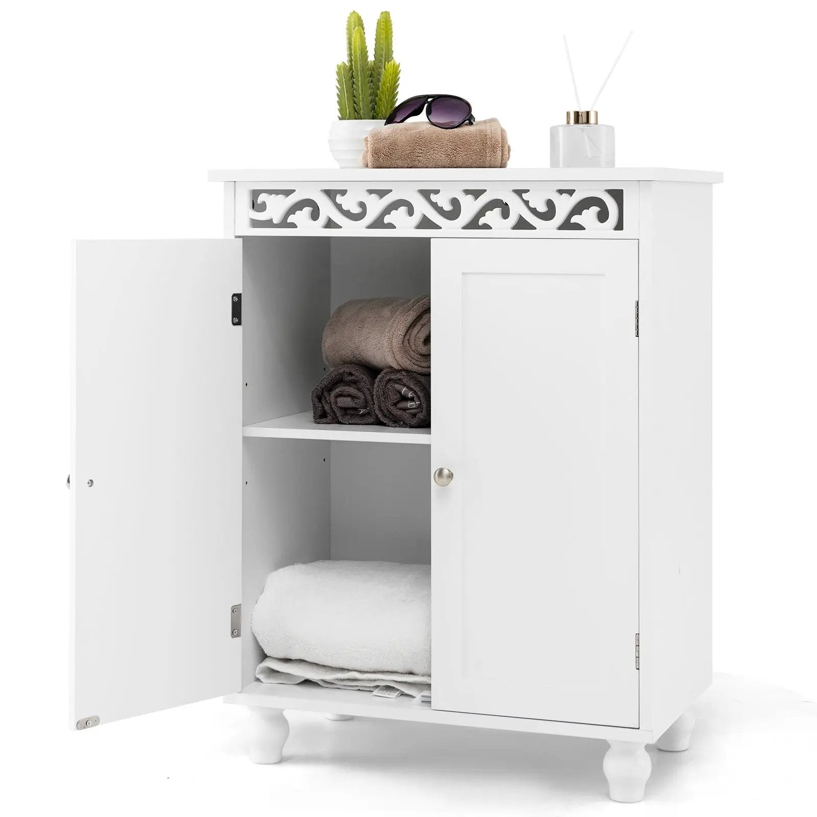 Freestanding Bathroom Cabinet Floor Storage Organizer with Adjustable Shelf and Solid Wood Legs-White by DirectDeals