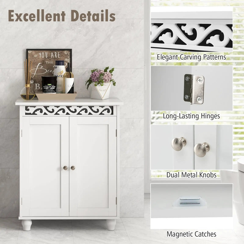 Freestanding Bathroom Cabinet Floor Storage Organizer with Adjustable Shelf and Solid Wood Legs-White by DirectDeals