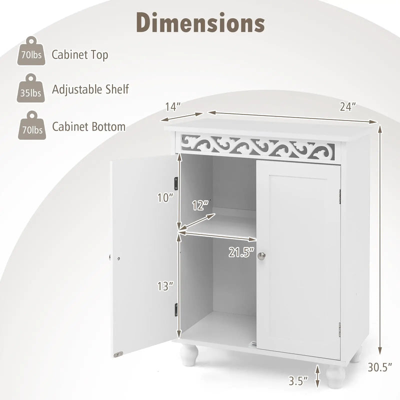 Freestanding Bathroom Cabinet Floor Storage Organizer with Adjustable Shelf and Solid Wood Legs-White by DirectDeals